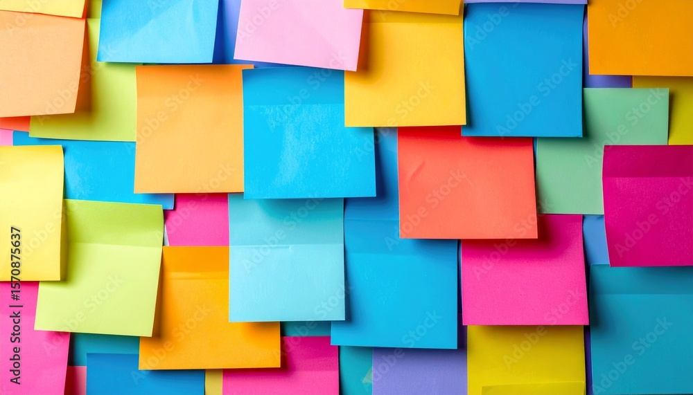 Poster colorful sticky notes arranged on a surface. the vibrant array creates a visually appealing and orga