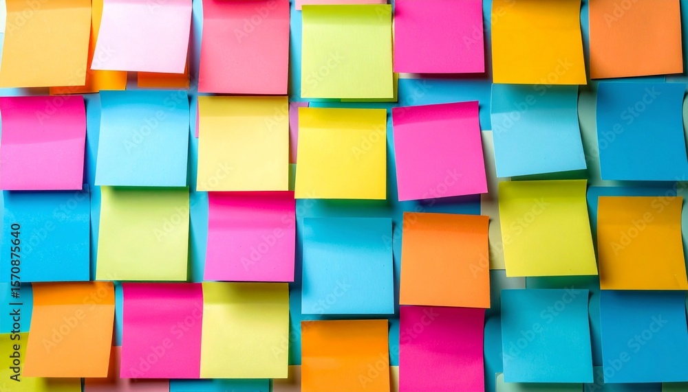 Poster colorful sticky notes arranged in a grid pattern. the notes are various bright colors and partially 