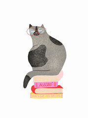 Gray cat is sitting on a stack of books