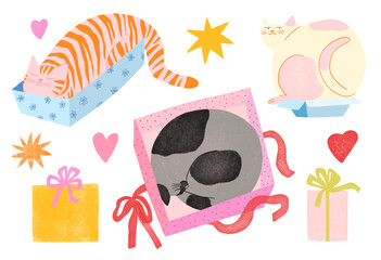 Illustrations with funny cats in the boxes