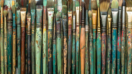 Fototapeta premium Collection of used paintbrushes, various colors and sizes, showing signs of use. Possible use for artistic or design inspiration