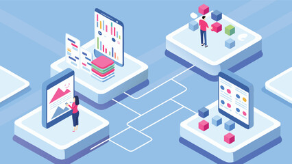 Isometric office scene with people around a segmented circle platform and office workstations