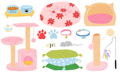 Hand drawn raster illustrations of cat's supplies