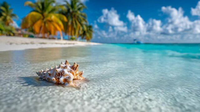 Beautiful conch shell on a tropical beach with clear blue water