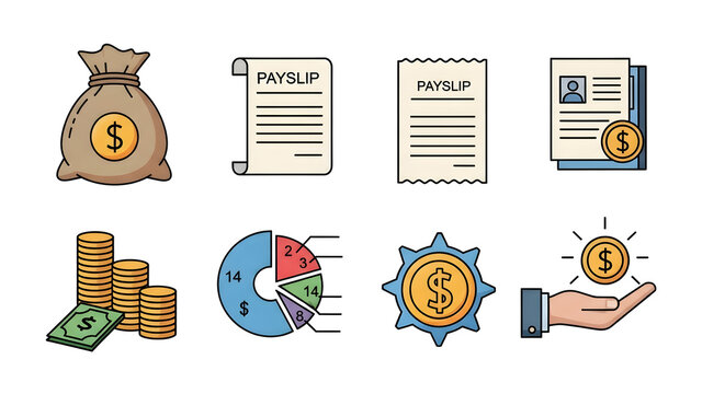 Financial Growth Bag of Money, Payslips, and Investments Icon Set for Business and Personal Finance Concepts