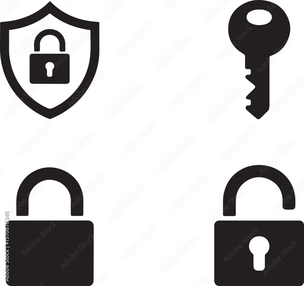 Poster security icons depicting protection key lock and unlocked status safeguarding assets information and
