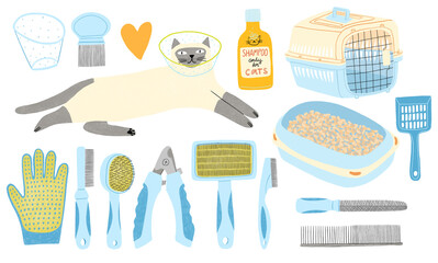 Illustrations of cat's vet and grooming supplies
