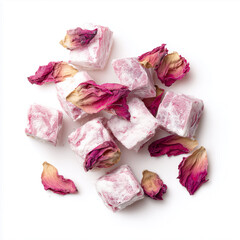 Dried rose petals drifting over Turkish delight cubes