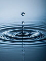 Three water droplets falling, creating concentric ripples on a calm, still surface; cool blue tones dominate the image, highlighting the liquid's texture and the physics of impact