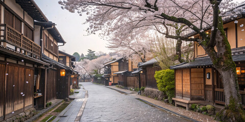 Fototapeta premium Atmospheric Japanese street scene with cherry blossoms, traditional wooden houses, lanterns glowing, and petals falling creating romantic ambiance.