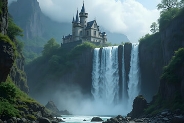 A hidden castle behind a massive waterfall.
