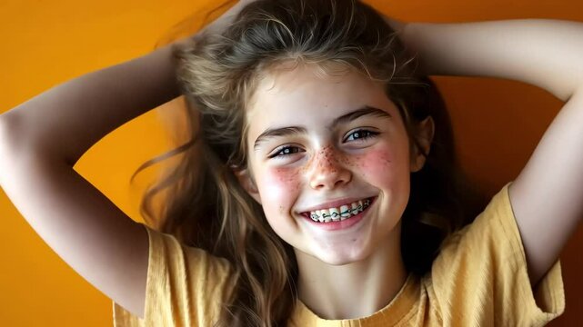 Studio portrait of cheerful teenage girl with dental braces smiling on orange background