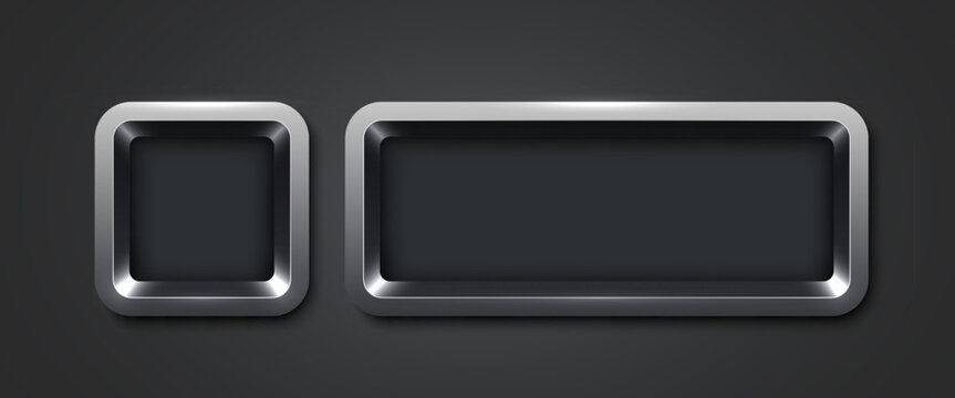 Metallic rectangle button set. Metal design for empty emblem. Glossy metallic frame. 3D realistic vector shiny button