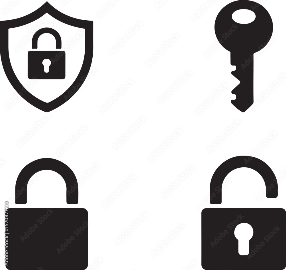 Poster security icons representing protection and access control key lock open lock and shield with padlock