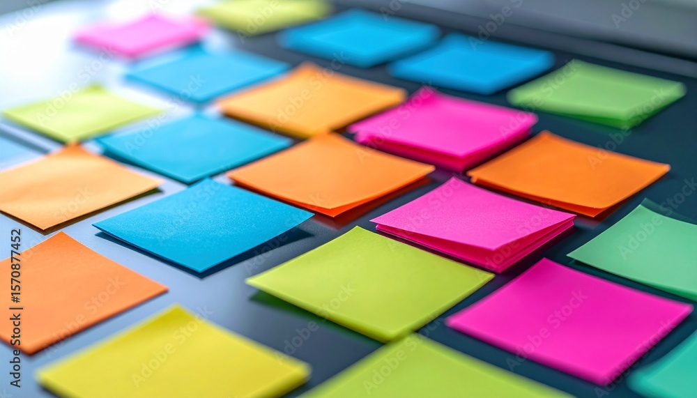 Poster vibrant sticky notes arranged on a smooth surface, ready for memos and reminders. the colorful array