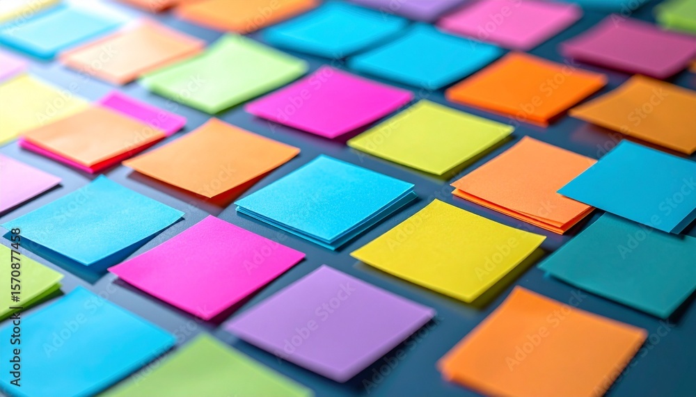 Poster a colorful array of sticky note pads arranged in a grid pattern, creating a vibrant and organized di