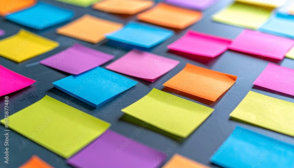Poster colorful sticky notes arranged neatly on a surface, creating a vibrant display