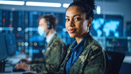 A female soldier at the Command Center working on computer