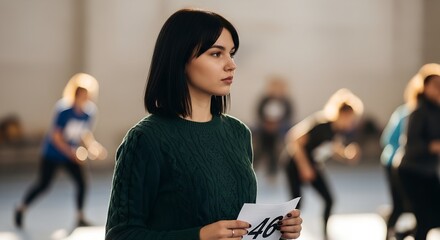 Young woman holding paper while observing dance practice in studio