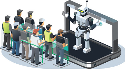 A robot giving a presentation to a group of people standing behind a barrier on a large screen