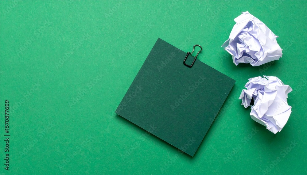 Poster a green memo pad with a clip and two crumpled papers lies on a green surface, creating a visual meta