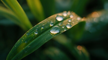 Early morning drops of dew glistening on green leaves in a lush garden environment