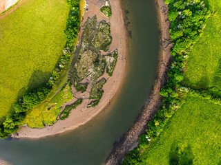 Top Down over Marshes over River Dart from a drone, Stoke Gabriel, Totnes, Devon, England, Europe