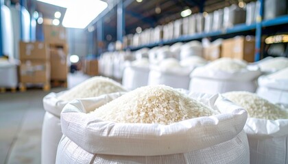 Bags of rice are stored in a warehouse. The scene captures the abundance and organization of a food storage facility