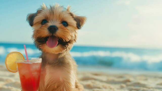 Adorable puppy relaxing on a beach with a refreshing tropical cocktail, enjoying the summer vibes