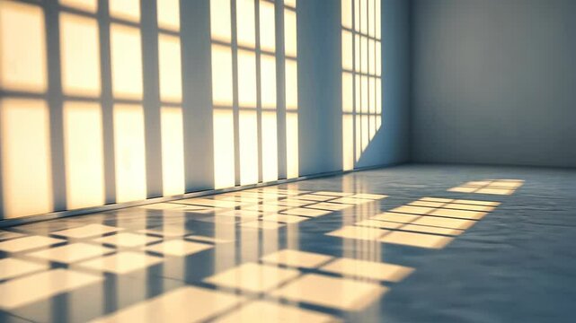 Brightly lit empty room with large windows casting shadows on the polished floor, evoking tranquility