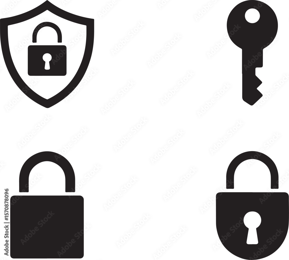 Poster security icons depicting a shield with a padlock, a key, and two regular padlocks showcasing various