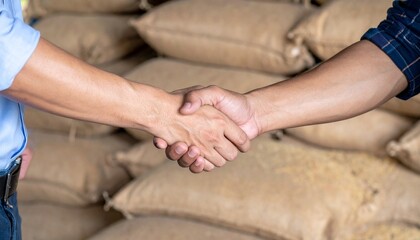 Fototapeta premium A business deal, sealed with a handshake in front of a stack of grain sacks. The handshake symbolizes agreement and collaboration in the context of trade. 