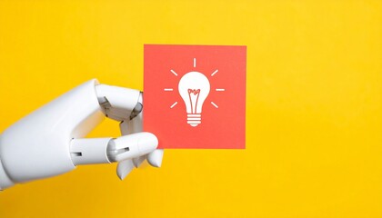 A robotic hand holding a card with a light bulb, representing idea, innovation, and concept