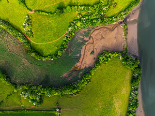 Top Down over Marshes over River Dart from a drone, Stoke Gabriel, Totnes, Devon, England, Europe