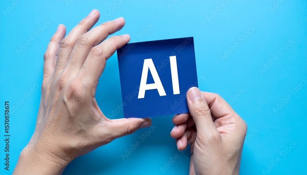 Poster hands holding a blue square with the letters 
