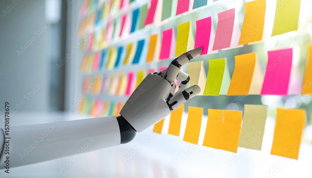 Poster an innovative close-up of a robotic arm interacting with colorful sticky notes, symbolizing advanced