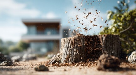 Tree stump grinding outdoors, wood chips airborne, modern house blurred background