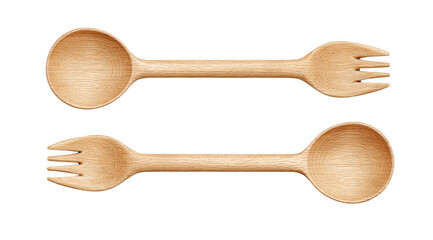 Two wooden spoons/forks, light brown color, parallel