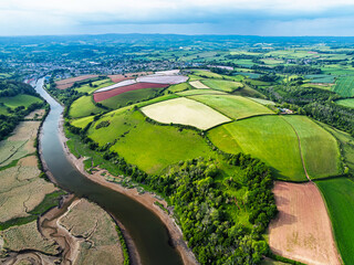 Farms and Fields over River Dart from a drone, Stoke Gabriel, Totnes, Devon, England