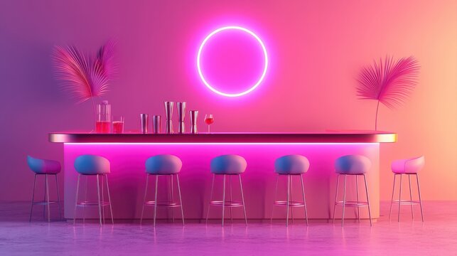 A modern neon-lit bar with pink and purple hues, featuring a glowing circular light, bar stools, cocktail glasses, and tropical palm leaves in a stylish setting.