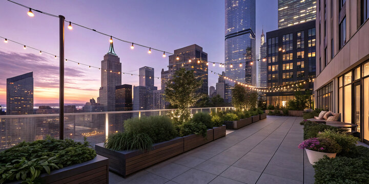 Modern rooftop terrace with city skyline view, wooden planters, string lights, and contemporary urban garden design at sunset