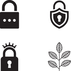 Variety of Security and Nature Icons Depicting Protection, Privacy, and Growth in a Simple Black and White Design