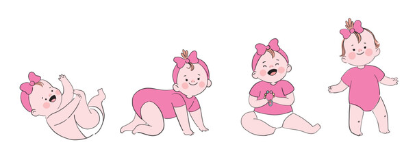 Baby life set. Early childhood development illustration set. Cute activities for babies. Baby wrapped in blanket, crawling, playing, sleeping. Happy toddler, baby. Vector isolated on white background.