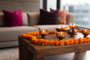 Festive decor with diya lamps and marigold flowers for Diwali  