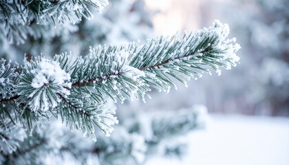 A close-up view of a frosted evergreen branch during winter. The needles are covered in a layer of frost, creating a beautiful and serene winter scene.