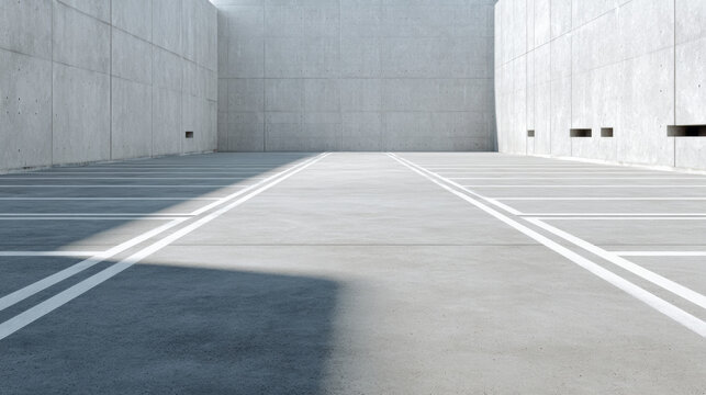 minimalistic studio parking lot. The ground is smooth concrete with clearly marked white parking lines. The environment is neutral and seamless, Designed as a clean background. 3d illustration.