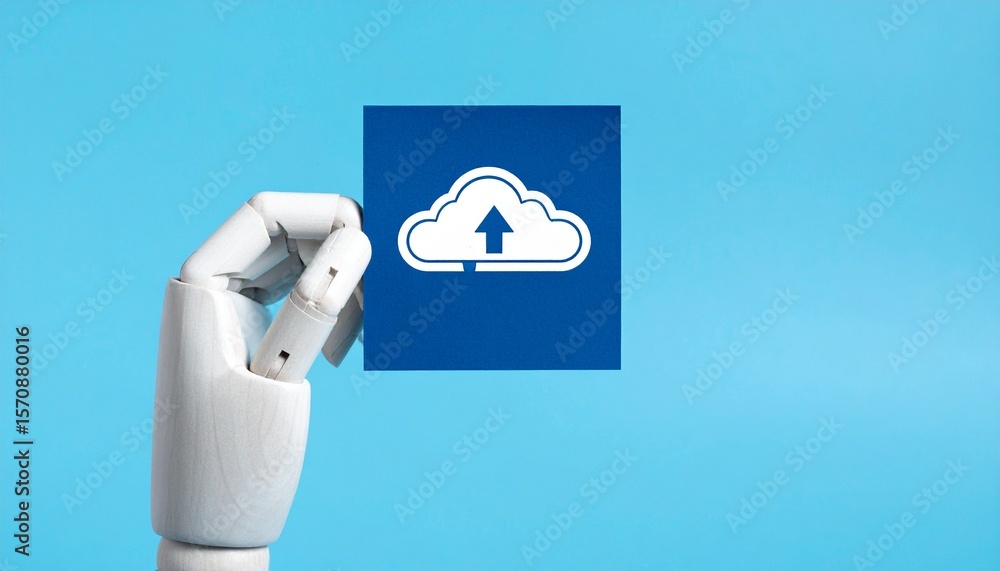 Poster a robotic hand presenting a cloud upload icon, symbolizing data transfer and digital innovation. the