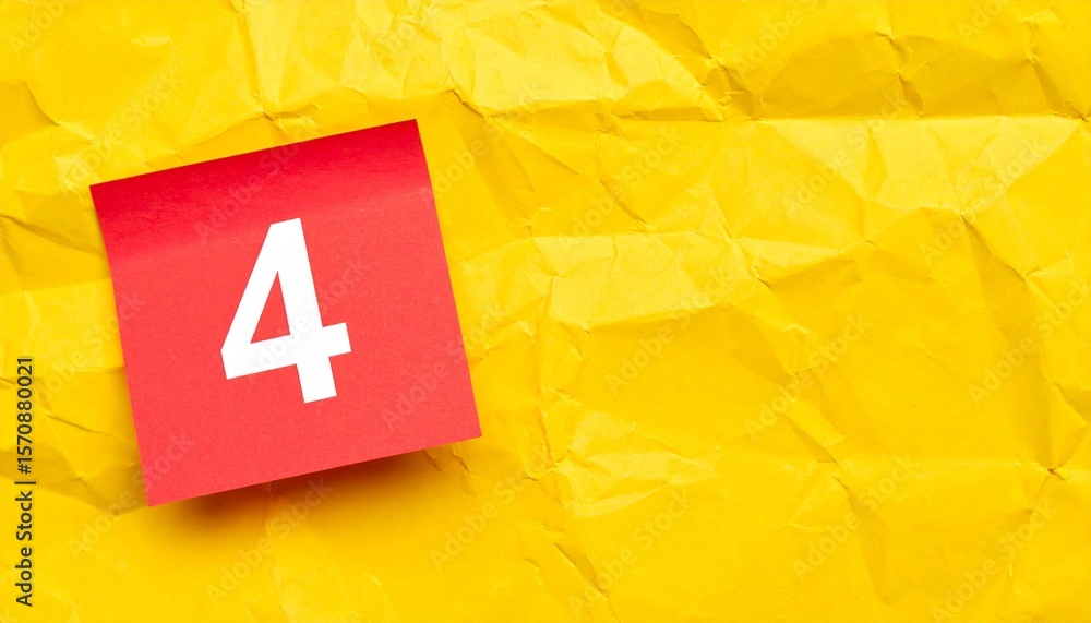 Poster a red sticky note with the number 4 on a textured yellow background. the composition is simple, yet 