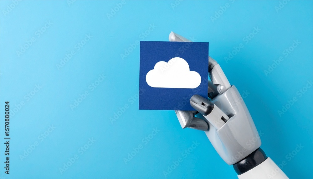 Poster robotic arm holding cloud symbol, symbolizing cloud computing and data storage