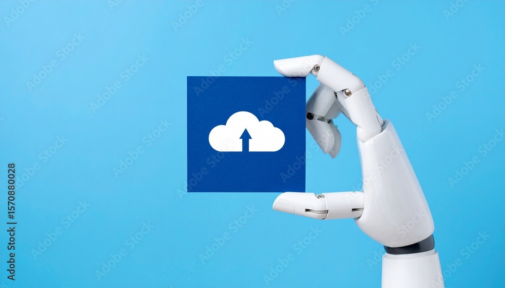 Poster an ai hand is holding a blue cube with a cloud data upload icon